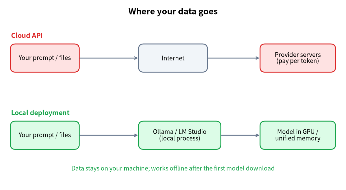 Data flow comparison between a local LLM and a cloud AI service